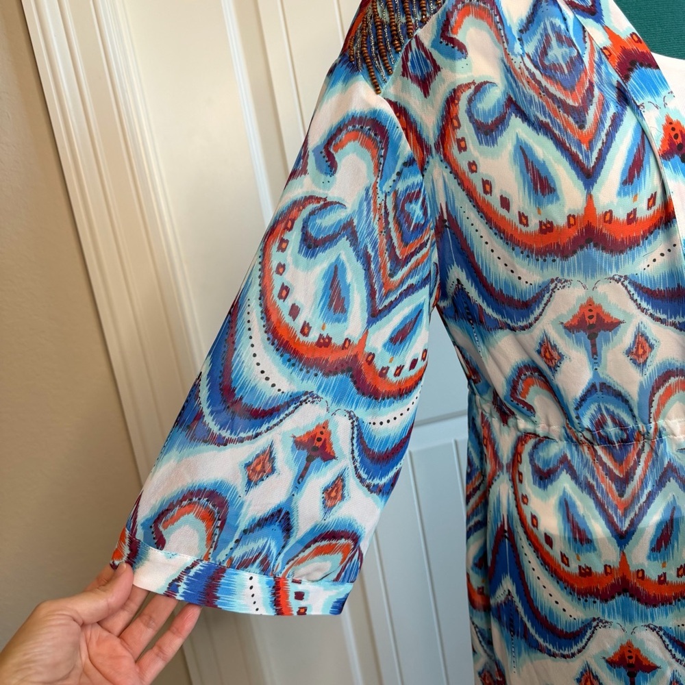 2/$30 bebe Vibrant Blue and Red Print Cardigan Kimono Cover-Up Beaded Detail - Picture 4 of 12